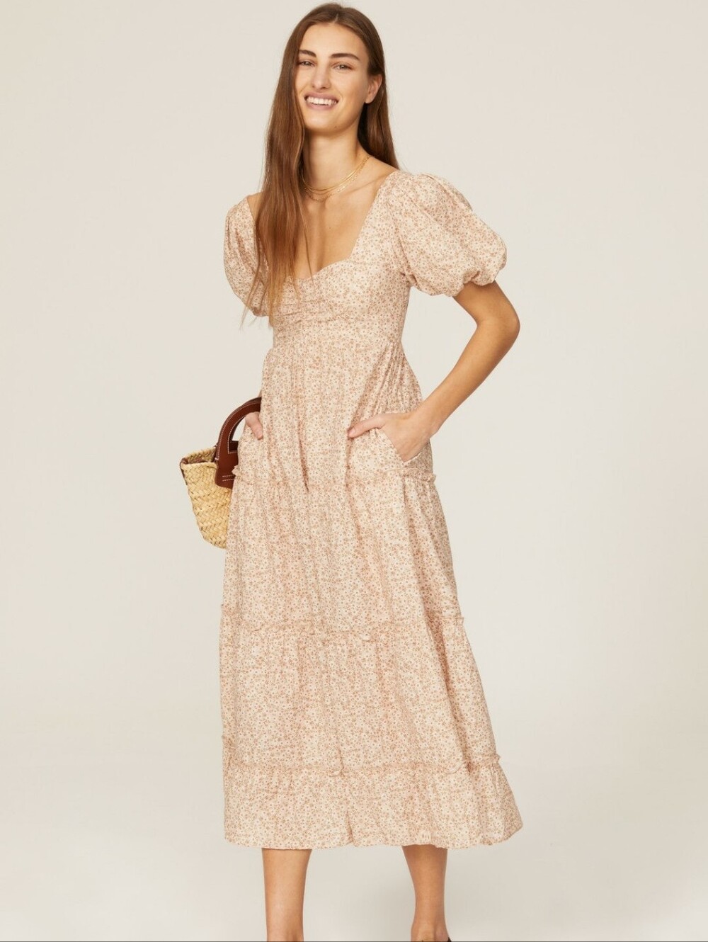 Show Me Your MuMu Blush Floral Puff-Sleeve Midi Dress